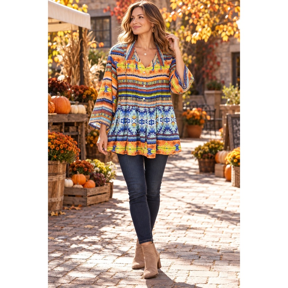 Investments II Multi Color Geometric Tribal Print Pleated Blouse 2X
